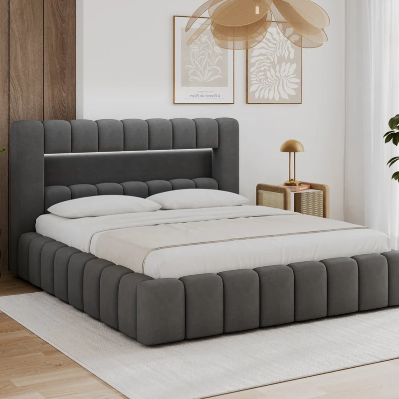 Lit coffre 140x200 sommier et LED inclus Auria Velours Gris foncé