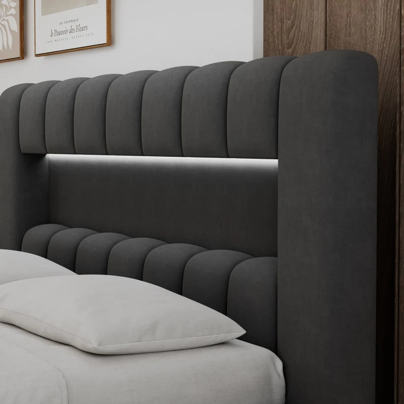 Lit coffre 140x200 sommier et LED inclus Auria Velours Gris foncé