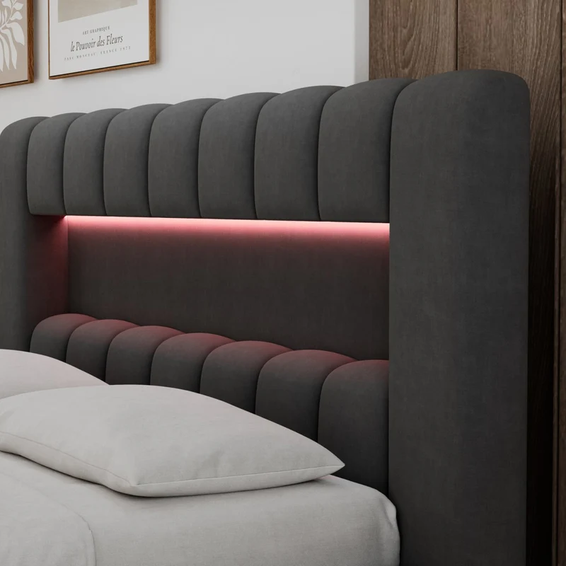 Lit coffre 140x200 sommier et LED inclus Auria Velours Gris foncé