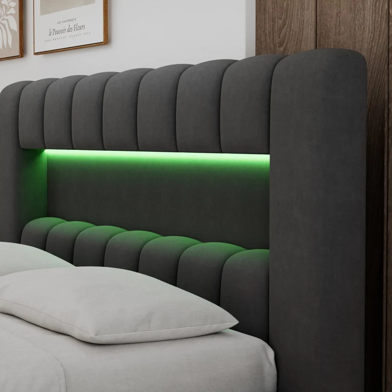 Lit coffre 140x200 sommier et LED inclus Auria Velours Gris foncé