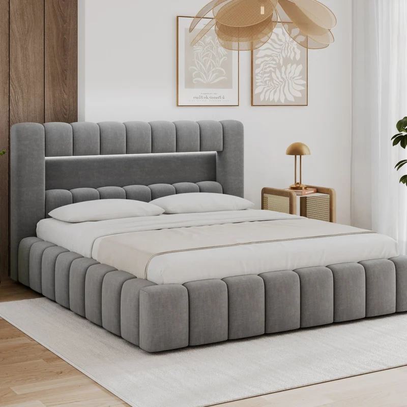 Lit coffre 140x200 sommier et LED inclus Auria Velours Gris