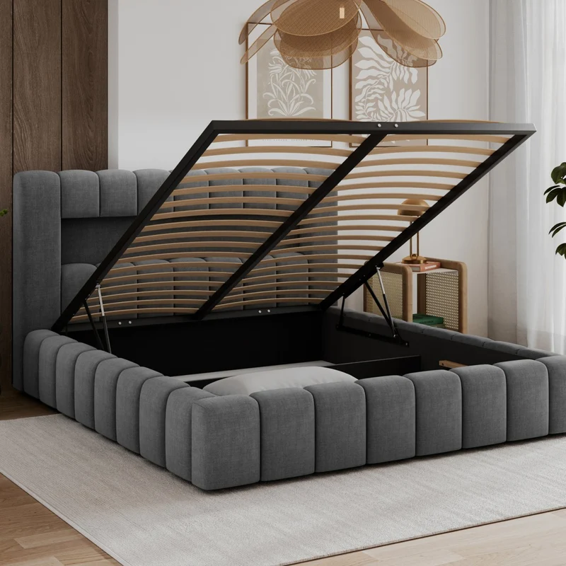 Lit coffre 140x200 sommier et LED inclus Auria Velours Gris