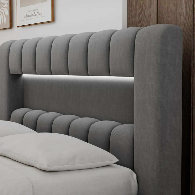 Lit coffre 140x200 sommier et LED inclus Auria Velours Gris