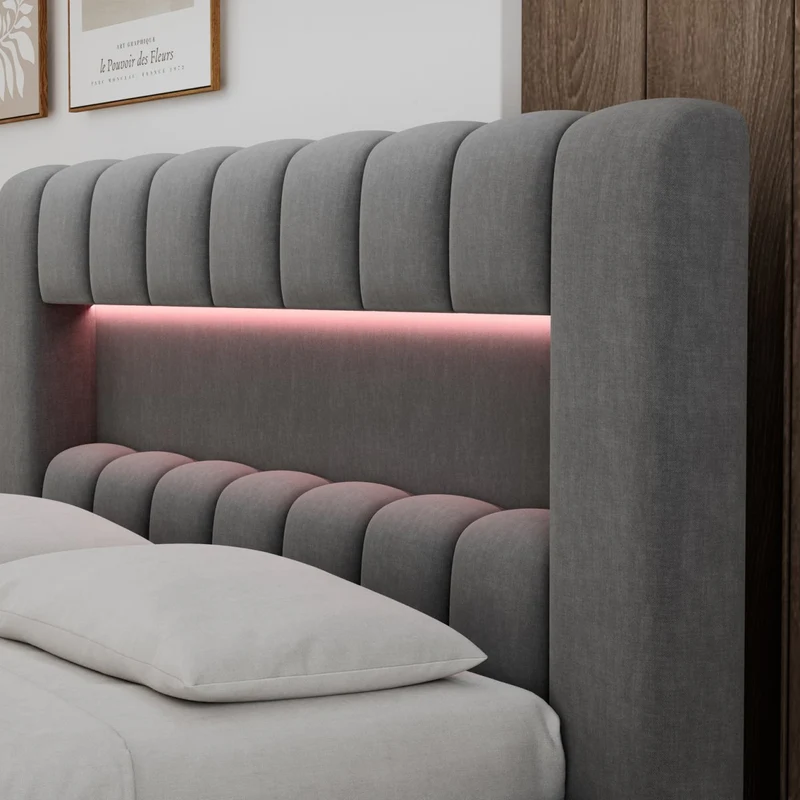 Lit coffre 140x200 sommier et LED inclus Auria Velours Gris