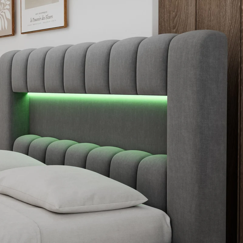 Lit coffre 140x200 sommier et LED inclus Auria Velours Gris