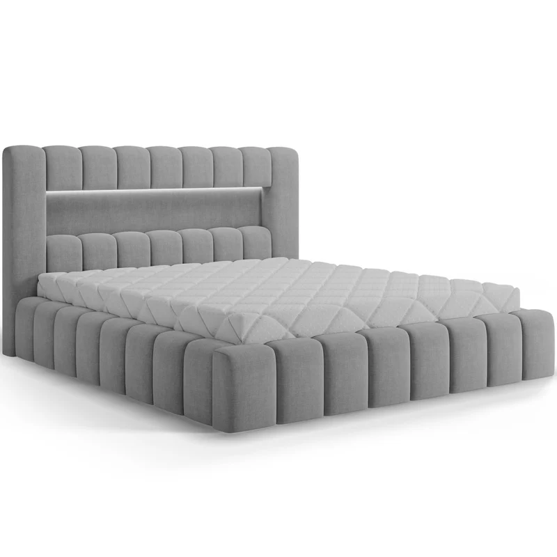 Lit coffre 180x200 sommier et LED inclus Auria Velours Gris clair