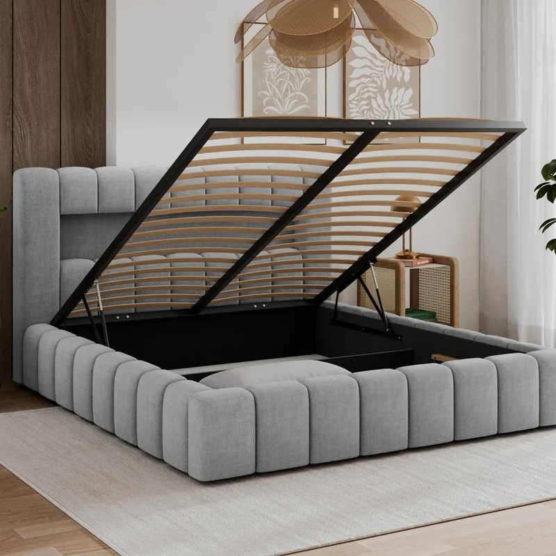 Lit coffre 180x200 sommier et LED inclus Auria Velours Gris clair