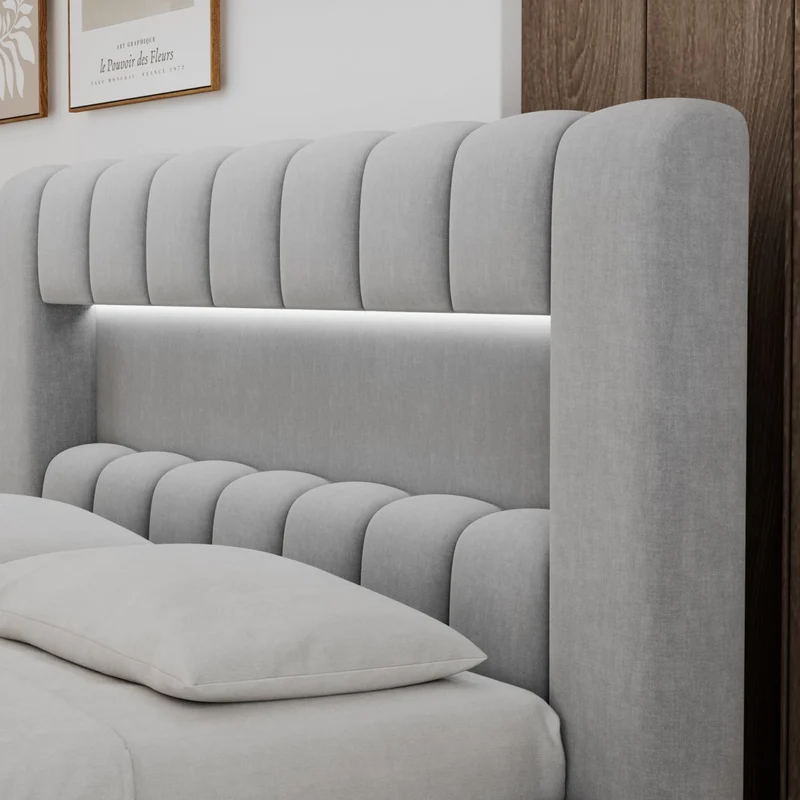 Lit coffre 180x200 sommier et LED inclus Auria Velours Gris clair