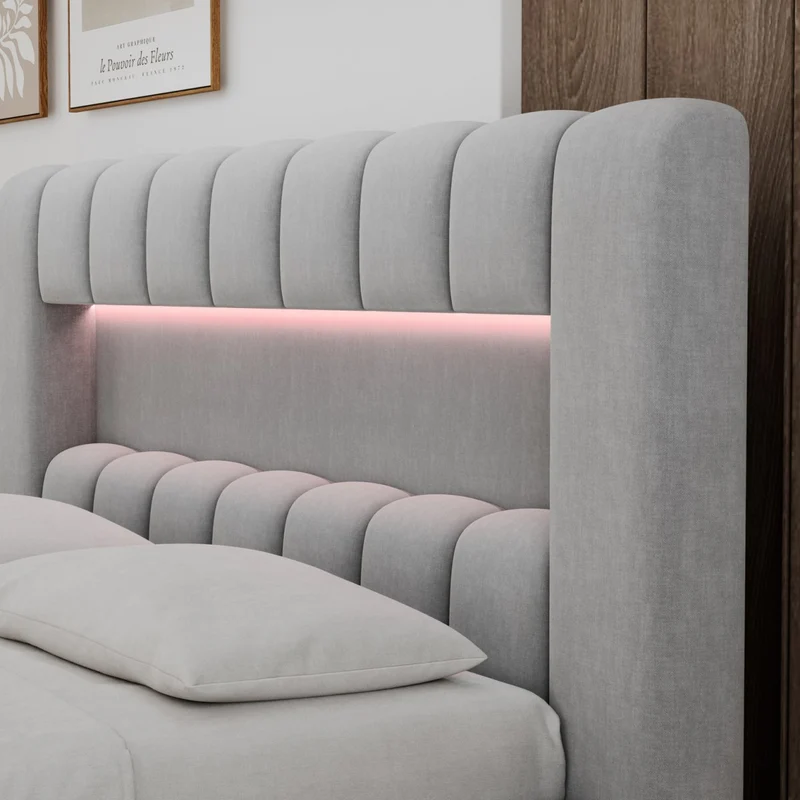 Lit coffre 160x200 sommier et LED inclus Auria Velours Gris clair