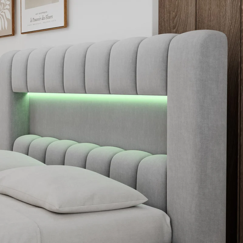 Lit coffre 160x200 sommier et LED inclus Auria Velours Gris clair