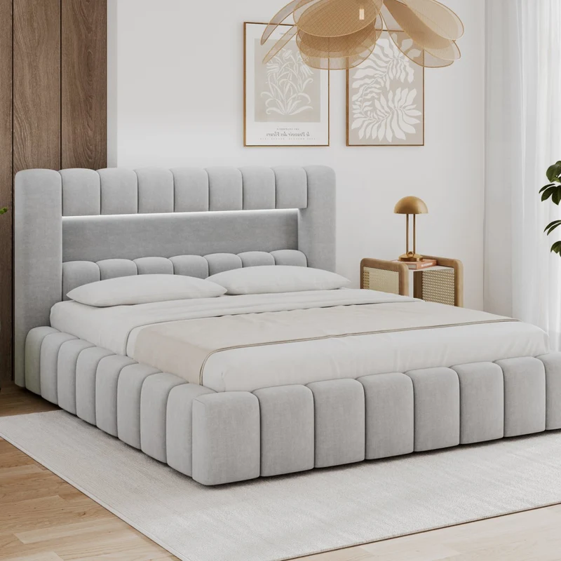 Lit coffre 140x200 sommier et LED inclus Auria Velours Gris clair
