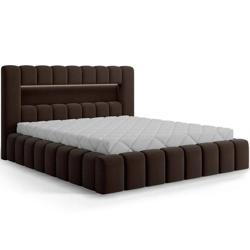 Lit coffre 180x200 sommier et LED inclus Auria Velours Marron foncé