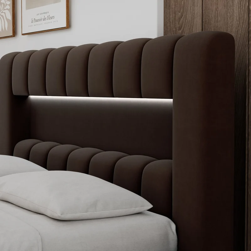 Lit coffre 180x200 sommier et LED inclus Auria Velours Marron foncé