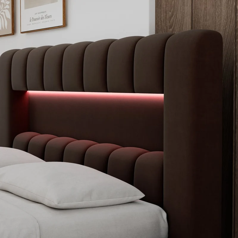 Lit coffre 180x200 sommier et LED inclus Auria Velours Marron foncé