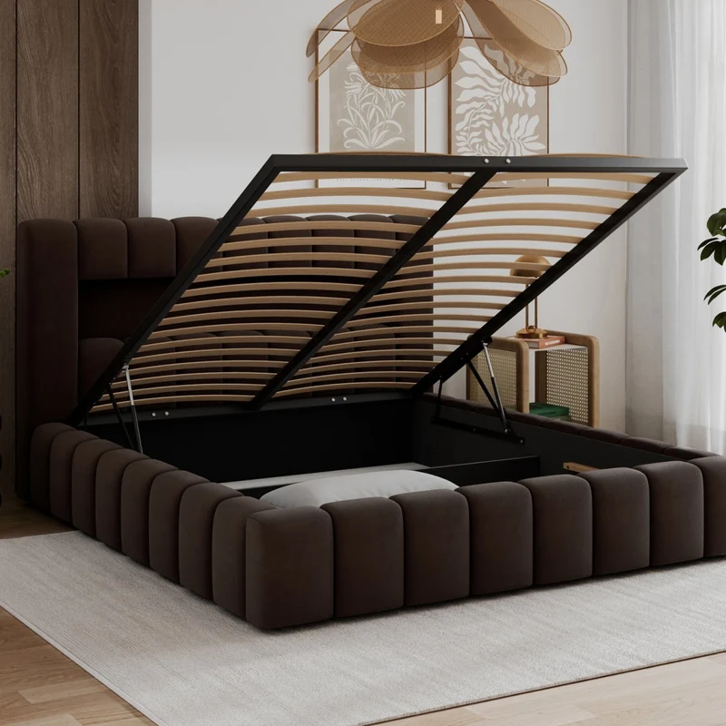 Lit coffre 160x200 sommier et LED inclus Auria Velours Marron foncé