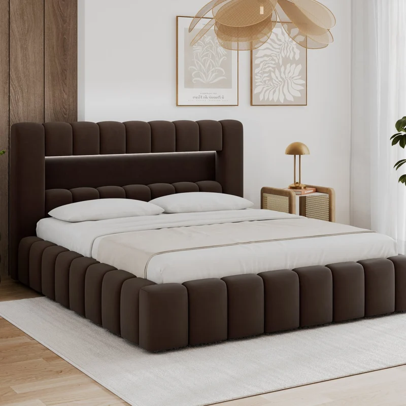 Lit coffre 140x200 sommier et LED inclus Auria Velours Marron foncé