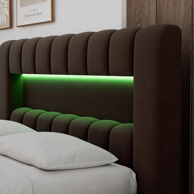 Lit coffre 140x200 sommier et LED inclus Auria Velours Marron foncé