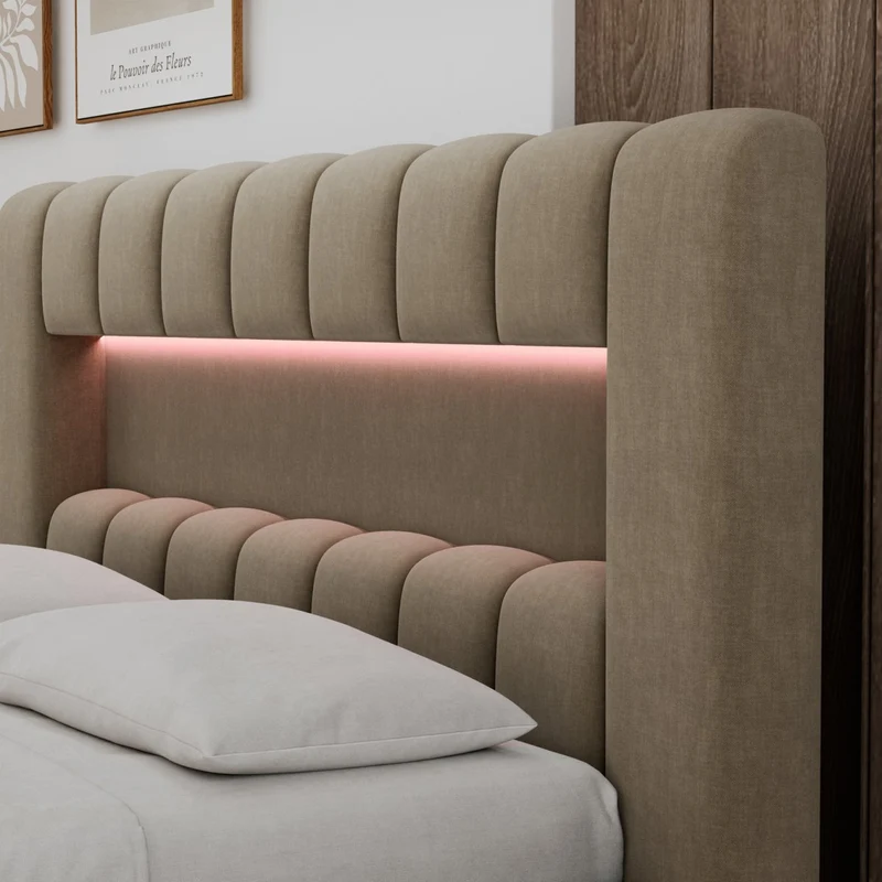 Lit coffre 140x200 sommier et LED inclus Auria Velours Marron