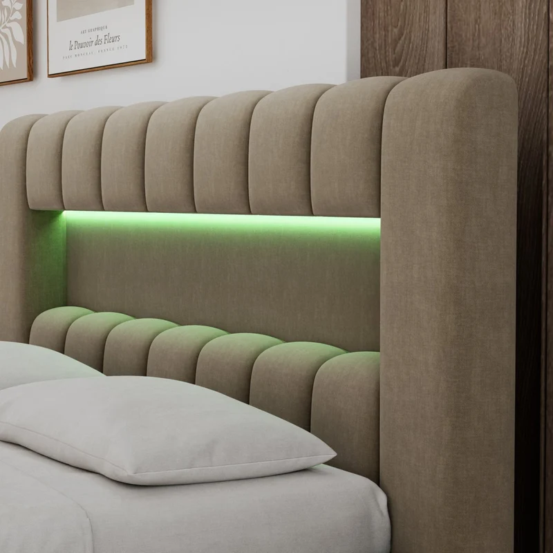 Lit coffre 140x200 sommier et LED inclus Auria Velours Marron