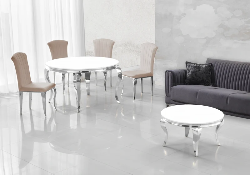 Salle à manger ronde verre blanc argent – Neo