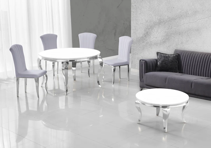 Salle à manger ronde verre blanc argent – Neo