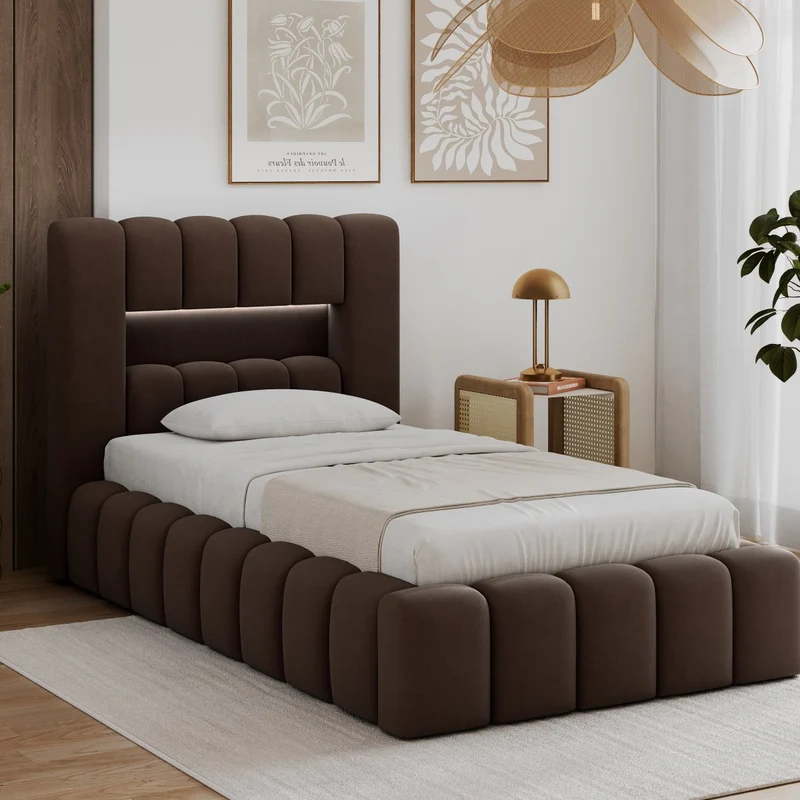 Lit coffre 90x200 sommier et LED inclus Auria Marron Foncé