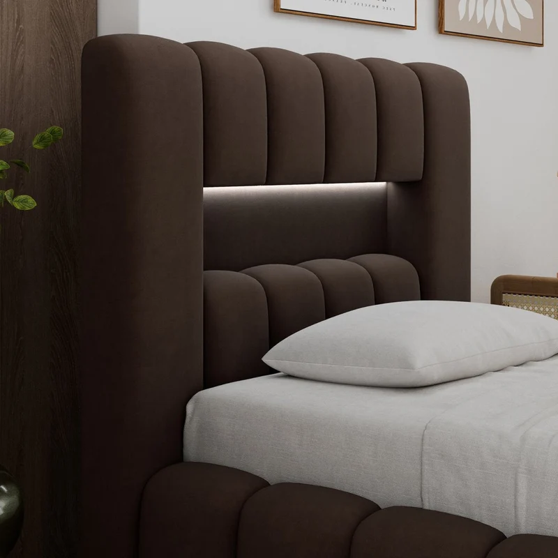 Lit coffre 90x200 sommier et LED inclus Auria Marron Foncé