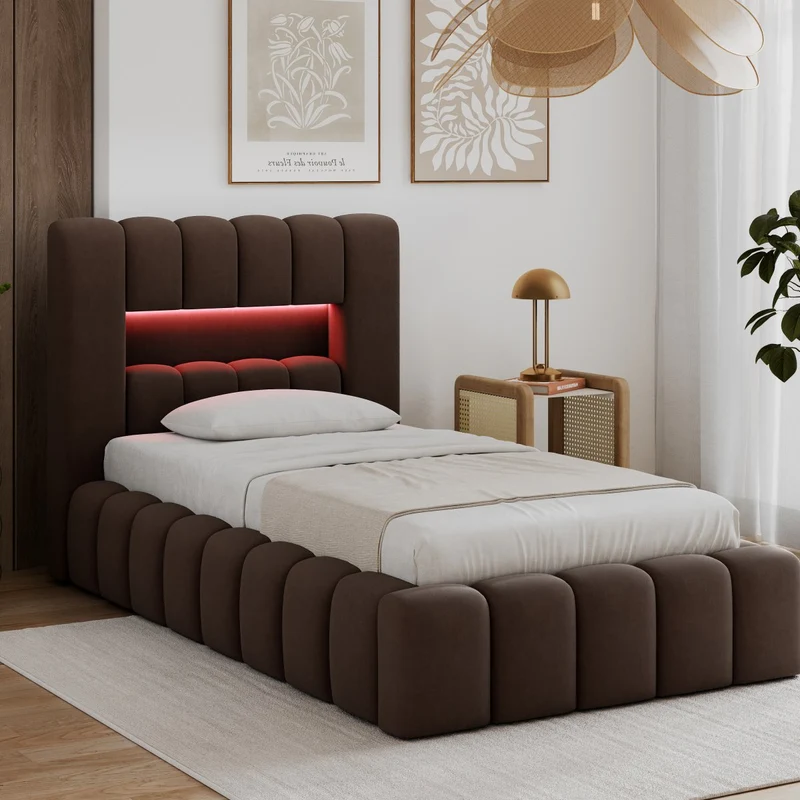 Lit coffre 90x200 sommier et LED inclus Auria Marron Foncé