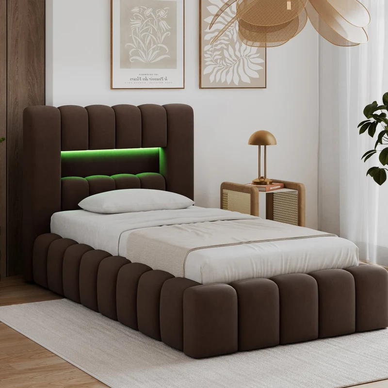 Lit coffre 90x200 sommier et LED inclus Auria Marron Foncé