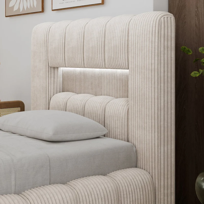 Lit coffre 90x200 sommier et LED inclus Auria Velours côtelé Beige