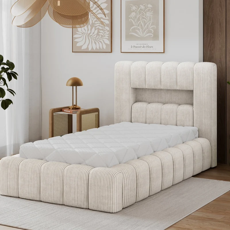 Lit coffre 90x200 sommier et LED inclus Auria Velours côtelé Beige