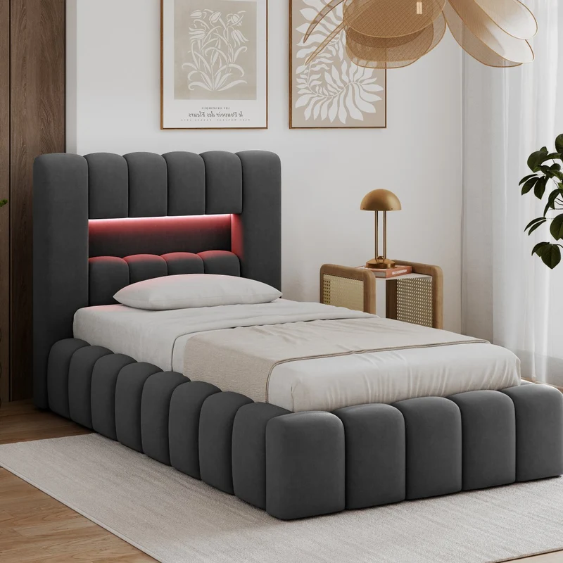 Lit coffre 90x200 sommier et LED inclus Auria Gris foncé