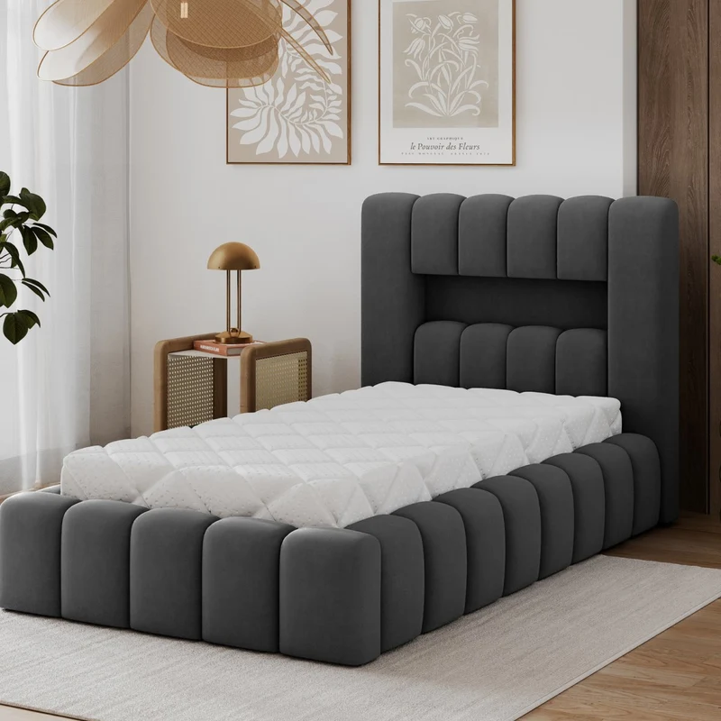 Lit coffre 90x200 sommier et LED inclus Auria Gris foncé