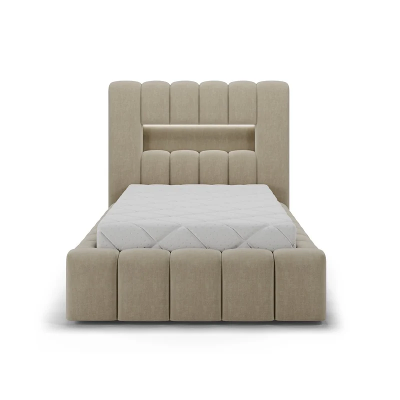 Lit coffre 90x200 sommier et LED inclus Auria Velours Beige