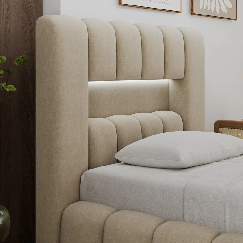 Lit coffre 90x200 sommier et LED inclus Auria Velours Beige