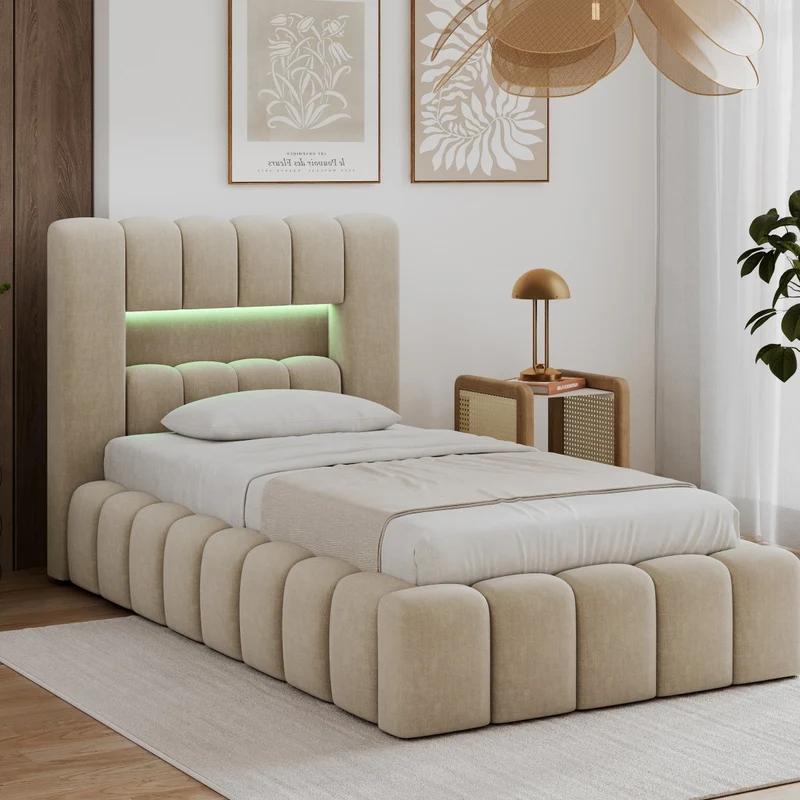 Lit coffre 90x200 sommier et LED inclus Auria Velours Beige