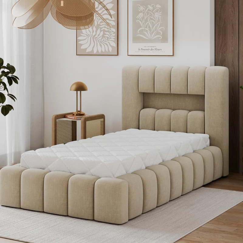 Lit coffre 90x200 sommier et LED inclus Auria Velours Beige