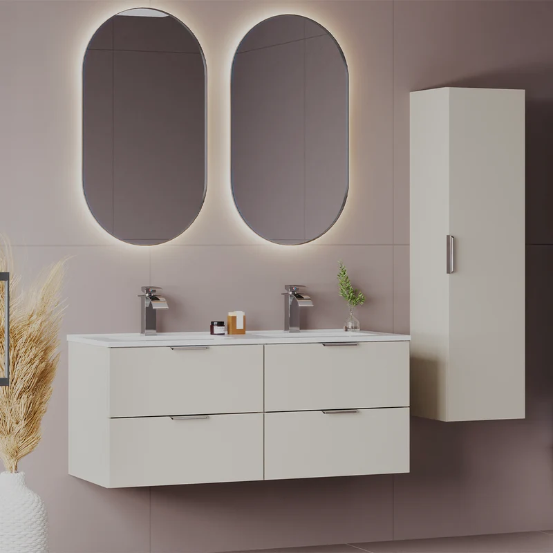Ensemble meuble double vasque encastrée 120cm et colonne Astrid Cachemire
