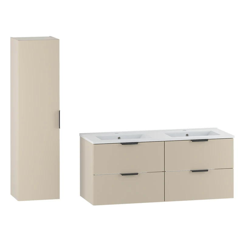 Ensemble meuble double vasque encastrée 120cm et colonne Astrid Cachemire