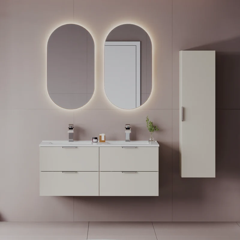 Ensemble meuble double vasque encastrée 120cm et colonne Astrid Cachemire