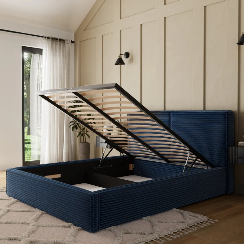 Lit coffre 140x200 sommier inclus Nox Velours côtelé Bleu foncé