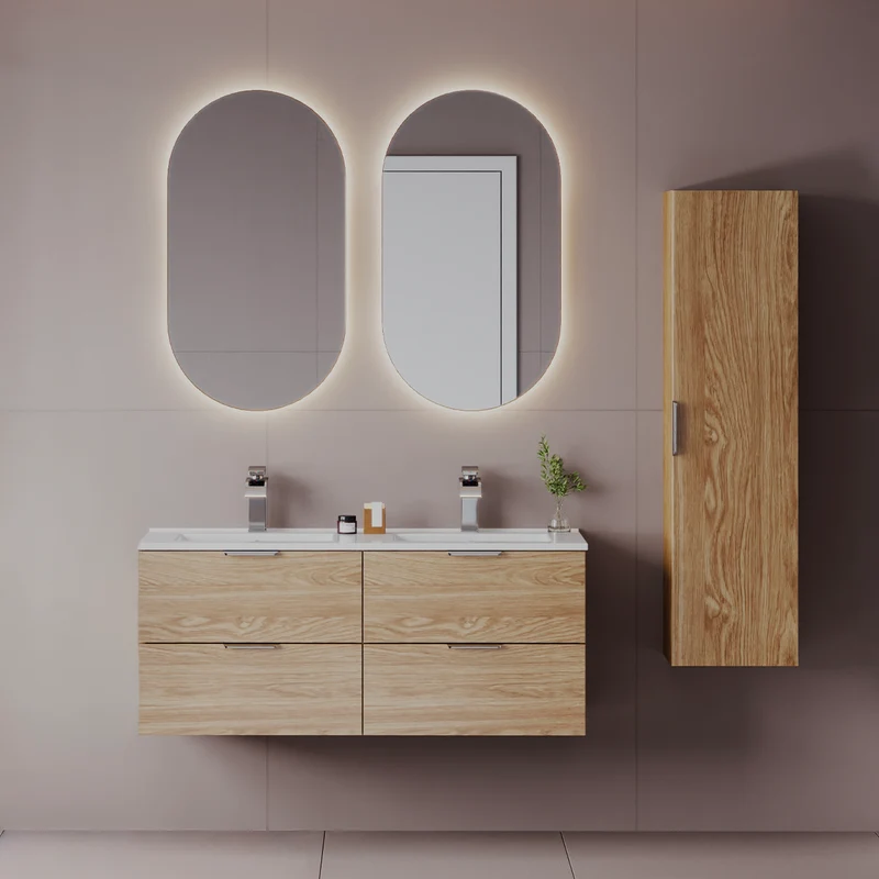 Ensemble meuble double vasque encastrée 120cm et colonne Astrid Bois