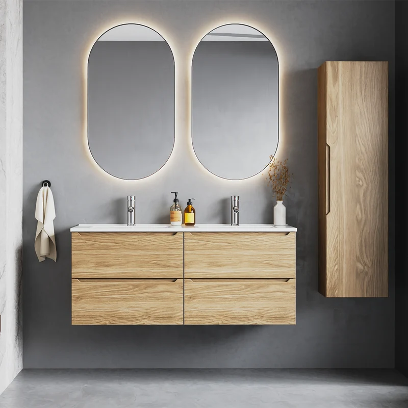 Ensemble meuble double vasque encastrée 120cm et colonne Viggo Bois