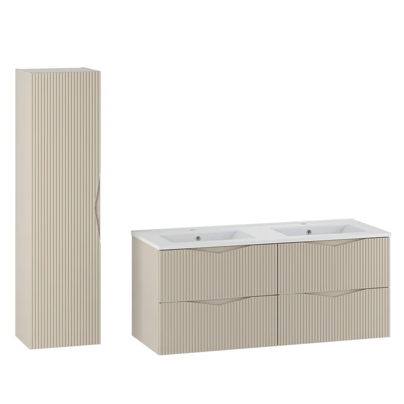 Ensemble meuble double vasque encastrée 120cm et colonne Tao Cachemire
