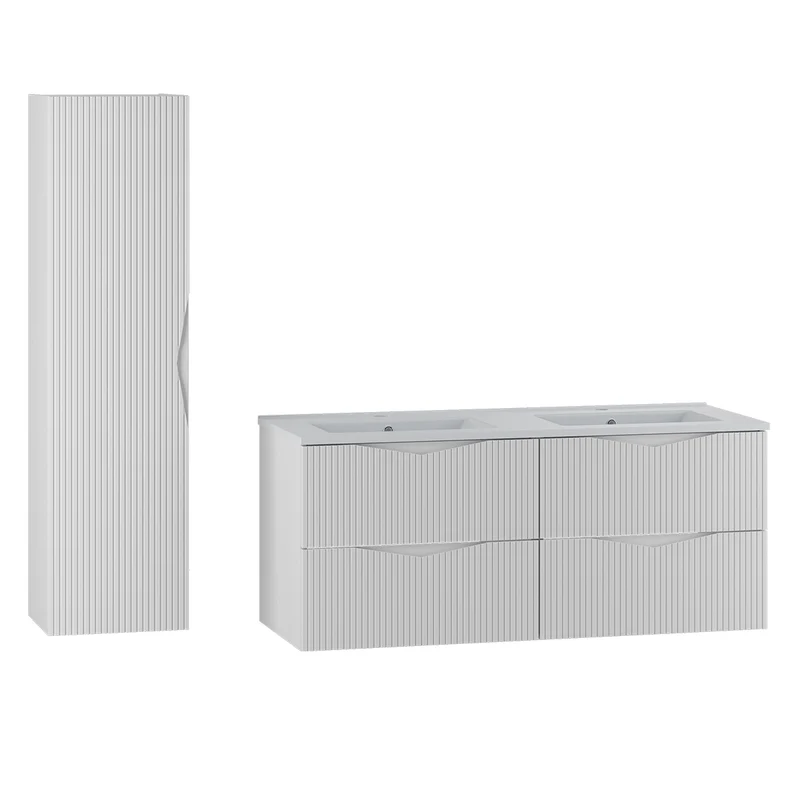 Ensemble meuble double vasque encastrée 120cm et colonne Tao Blanc