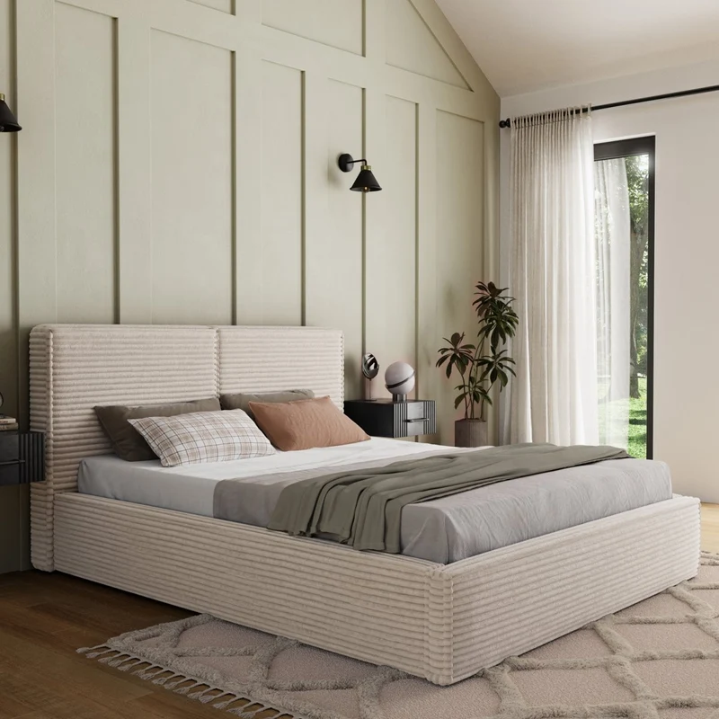 Lit coffre 140x200 sommier inclus Nox Velours côtelé Beige