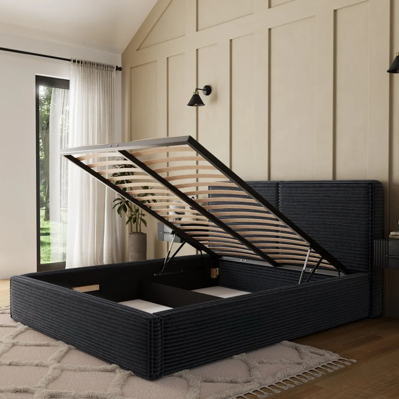 Lit coffre 160x200 sommier inclus Nox Velours côtelé Noir