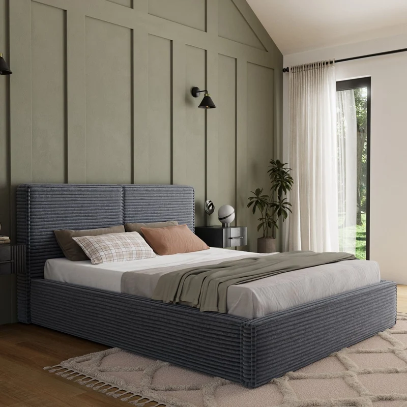 Lit coffre 140x200 sommier inclus Nox Velours côtelé Gris foncé