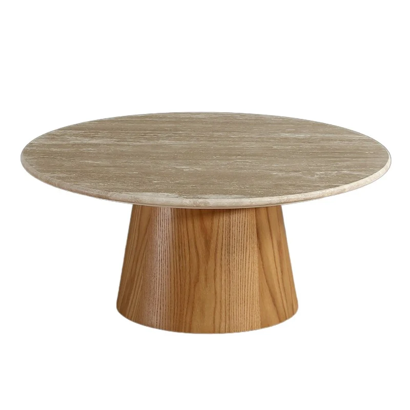 Table basse D80 cm marbre marron placage chêne