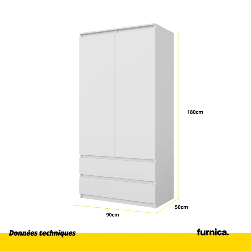 JOELLE - Armoire 2 Portes avec 2 Tiroirs - Blanc Mat H180cm L90cm P50cm